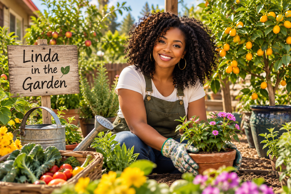 “Linda tending flowers in a beautiful backyard garden surrounded by fruit trees and vegetables.”